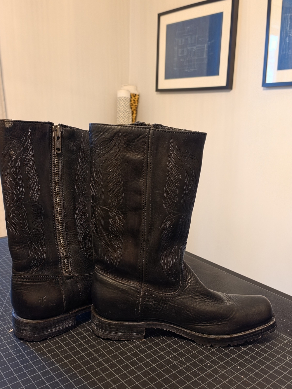Frye Black Leather Western Zip-Back Boots